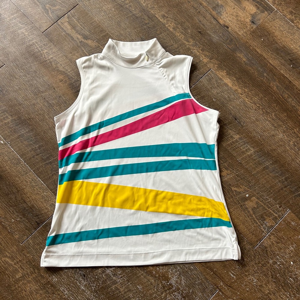 Slazenger Womens Large White Multi Color Stripe Mock Neck‎ Sleeveless Golf Top